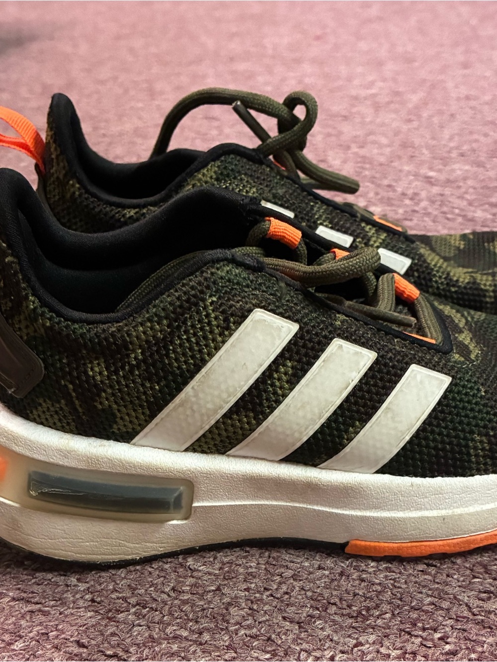 adidas Kids Olive Camo Sneakers with White Stripes and Orange Accents